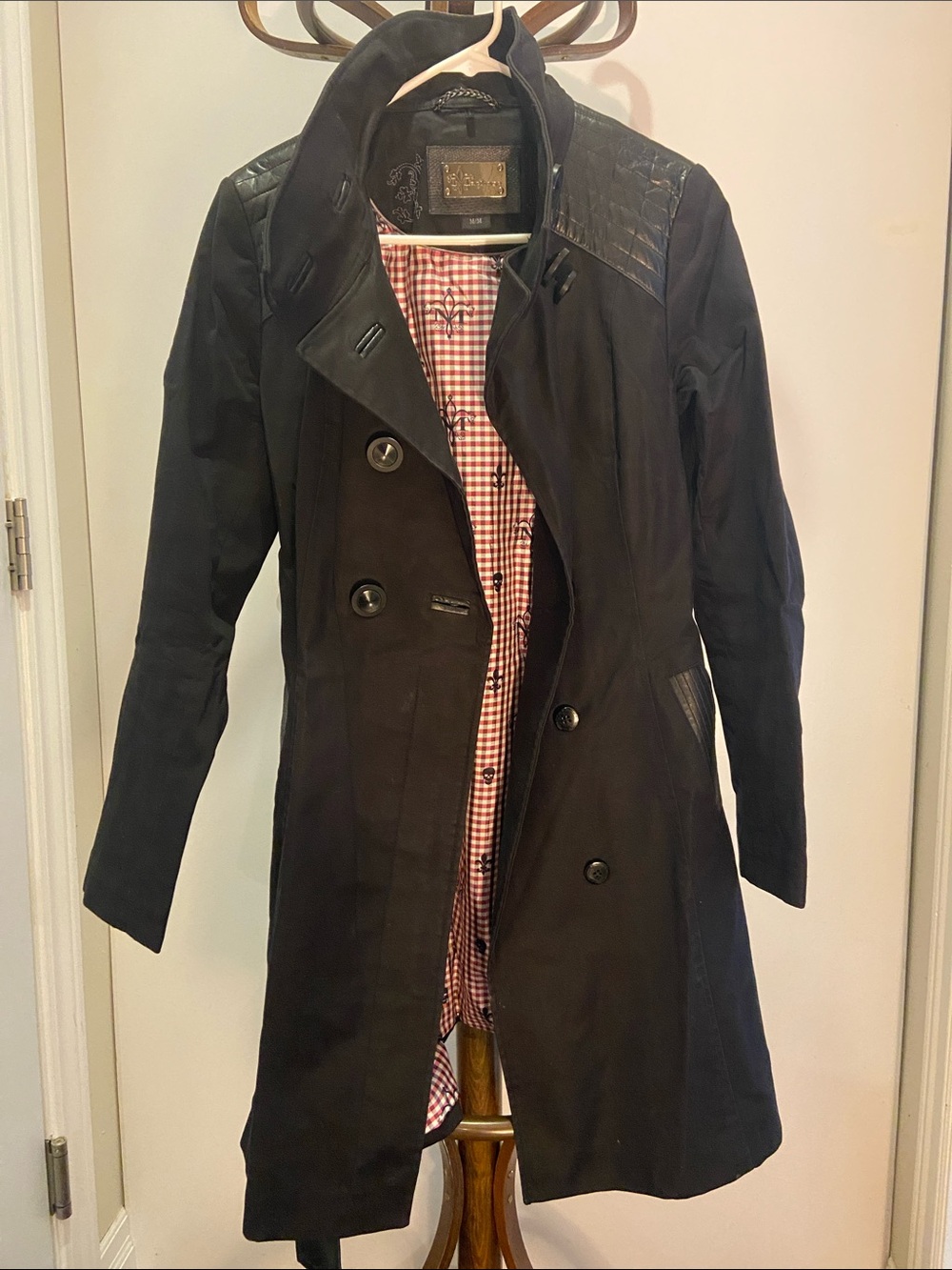 Mackage Black Double-Breasted Trench with Quilted Leather Shoulders
